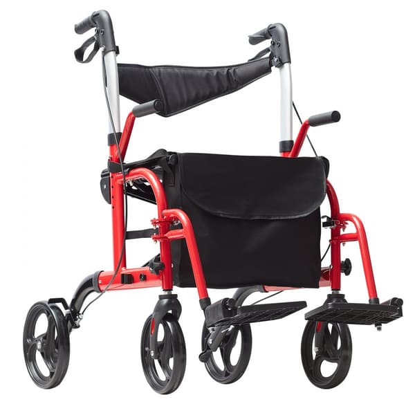 Rollator 2-i-1, Folde Transportstol til seniorer, Letvægts Aluminium Kørestol, Fodstøtter, Praktisk Rullende Gåer