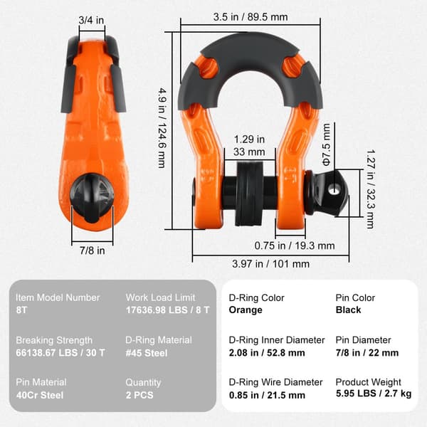 2-pack D-ringschackel 3/4", 7/8" skruvstift, 66139 lbs brottstyrka, hög hållfasthet, slitstark design