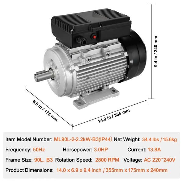 2,2KW Elmotor 2800RPM AC 220~240V 13,8A 1-faset 24mm nøgleaksel, høj effektivitet, lavt strømforbrug
