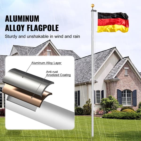 20FT löstagbar aluminiumflagga, heavy duty flaggstång i tyskt silver, hållbar och lätt att installera