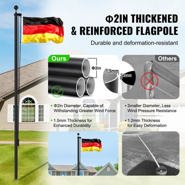 20FT Löstagbar Flagstänger av Aluminium, Robust Design, Tysk Kvalitet, Svart Färg