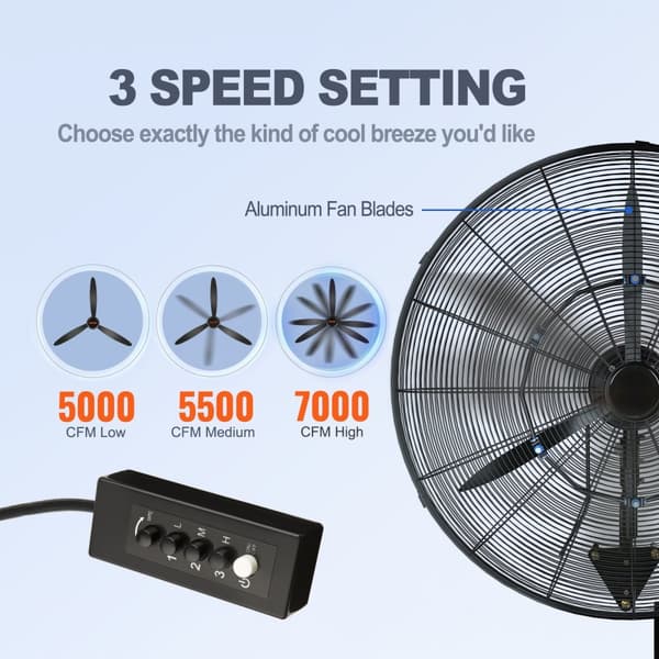 Oscillerande väggdimfläkt 24", metall, 3 hastigheter, 115W, energieffektiv och tyst drift