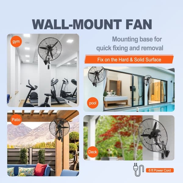 Oscillerande väggdimfläkt 24", metall, 3 hastigheter, 115W, energieffektiv och tyst drift