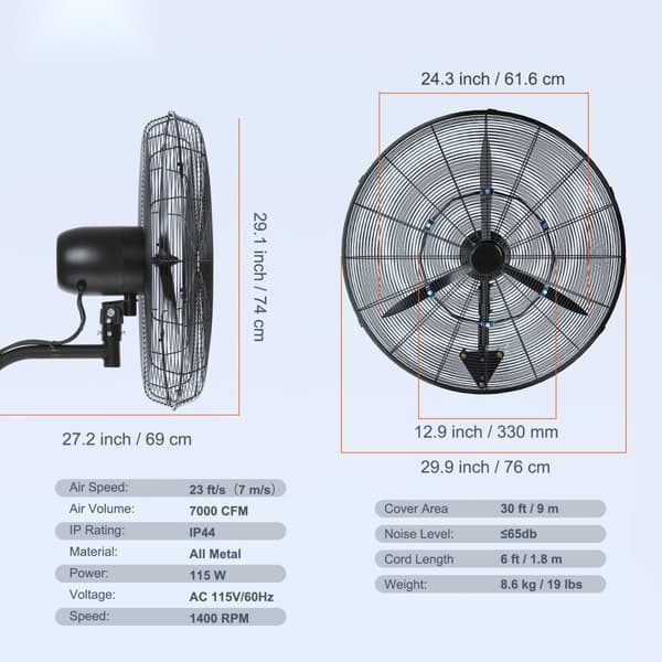 Oscillerande väggdimfläkt 24", metall, 3 hastigheter, 115W, energieffektiv och tyst drift