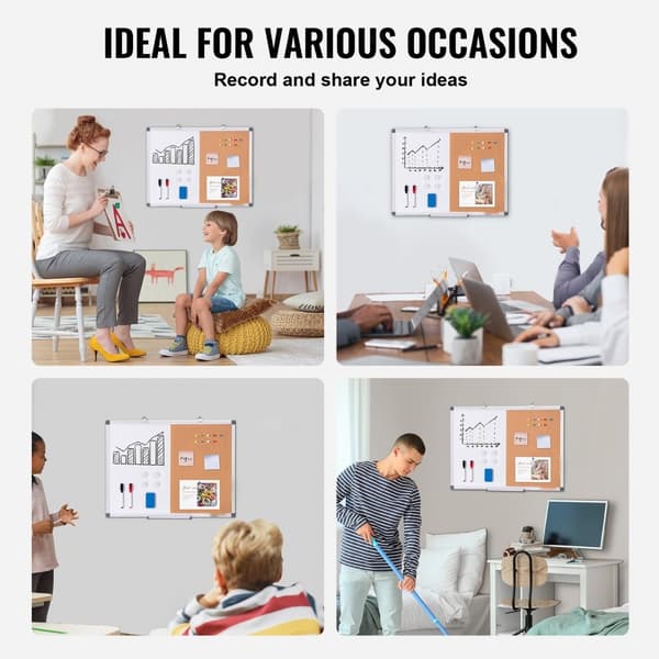 Whiteboard & Korktavle Combo 24" x 18" med Aluminiumsramme, Ideel til Skolehjem og Kontor