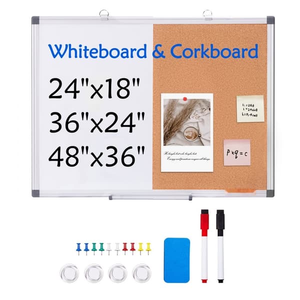 Whiteboard & Korktavle Combo 24" x 18" med Aluminiumsramme, Ideel til Skolehjem og Kontor