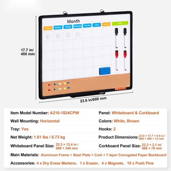 Månadskalender 24"x18" Whiteboard och Korktavla Combo med Aluminiumram, perfekt för planering och organisering