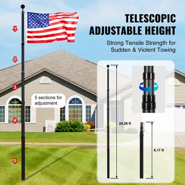 Teleskopisk flaggstång 25FT, Heavy Duty, Aluminium, Svart, stabil och hållbar design