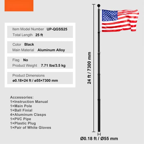 Teleskopisk flaggstång 25FT, Heavy Duty, Aluminium, Svart, stabil och hållbar design