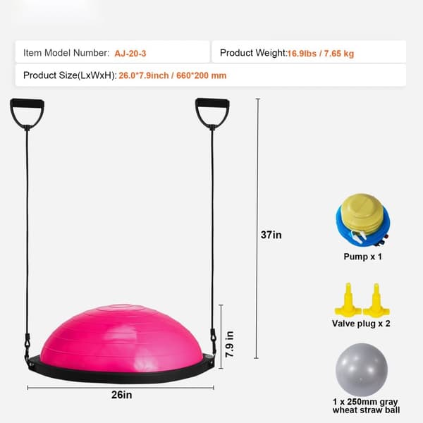 26" Halv träningboll för yoga, balans och stabilitet, med motståndsband