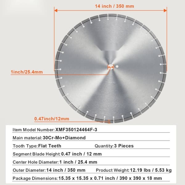3 stk diamantblade 14 tommer betonsavklinger, våd/tør, 0,47 tommer flad, holdbare og effektive