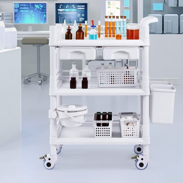 Mobil medicinsk vagn 3 våningar, 3 brickor & 3 papperskorgar, vit laboratorievagn
