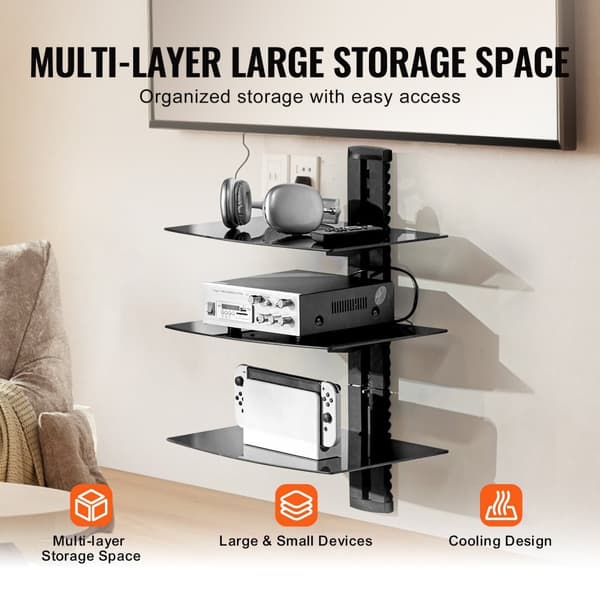 Glas flydende hylder 3-lags, holder op til 18 lbs, TV-vægbeslag med hylde, elegant design, nem installation