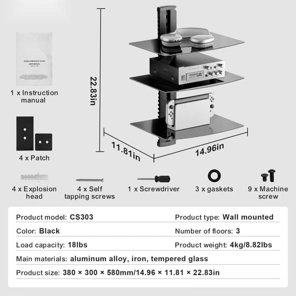 Glas flydende hylder 3-lags, holder op til 18 lbs, TV-vægbeslag med hylde, elegant design, nem installation