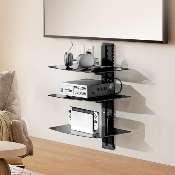 Glas flydende hylder 3-lags, holder op til 18 lbs, TV-vægbeslag med hylde, elegant design, nem installation