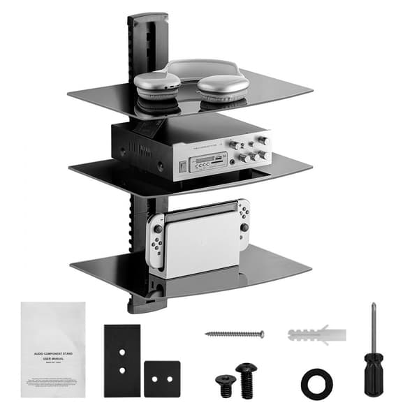 Glas flydende hylder 3-lags, holder op til 18 lbs, TV-vægbeslag med hylde, elegant design, nem installation