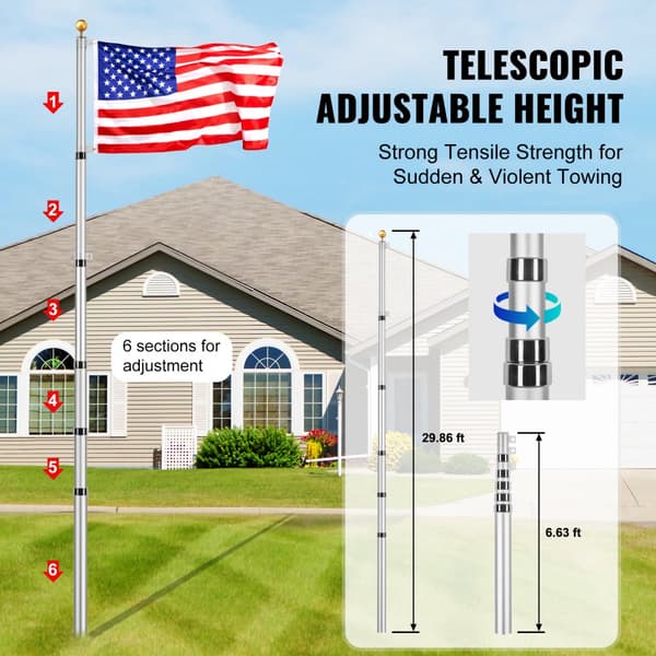 Teleskopisk flagstangssæt 30FT, heavy duty aluminium, sølv finish, robust design
