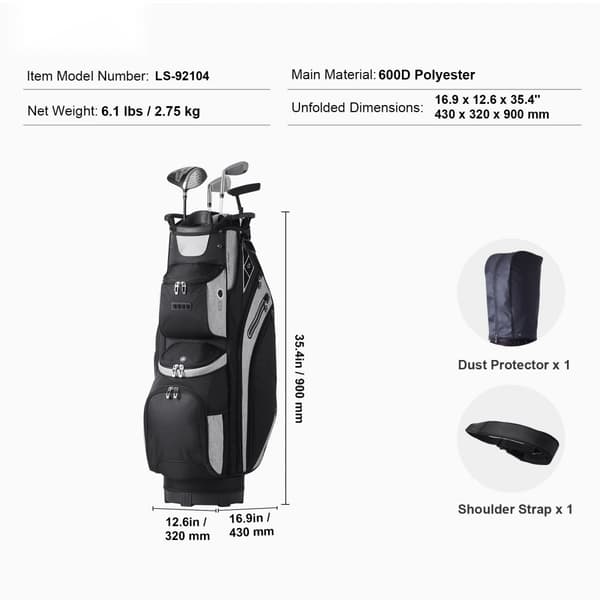 Golfvognstaske 36”, 14-vejs organizer, multiple lommer, vælg farve, holdbar kvalitet