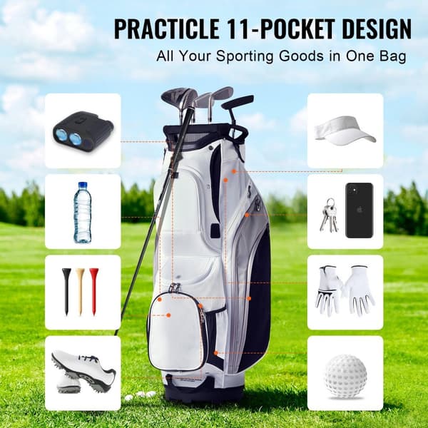 Golfvognstaske 36” med 14-vejs organizer, 13 lommer, hvid nylon, perfekt til golfudstyr