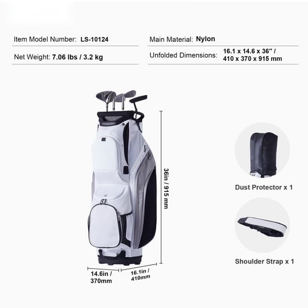 Golfvognstaske 36” med 14-vejs organizer, 13 lommer, hvid nylon, perfekt til golfudstyr