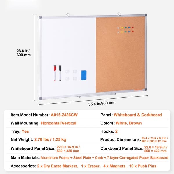 Whiteboard og korktavle combo 36"x24" med aluminiumsramme til skoler og hjem