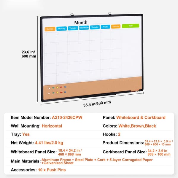 Månadskalender 36"x24" Whiteboard & Cork Board Combo med aluminiumram, effektiv planering, enkel att använda