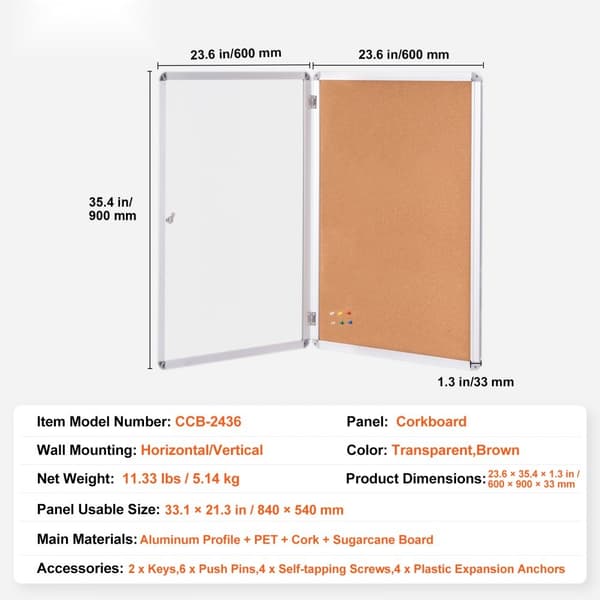 Lukket korktavle 36"x24" med aluminiumsramme, låsbar opslagstavle, ideel til kontoret, mødelokalet eller hjemmet