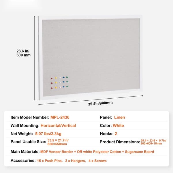 Korktavle 36"x24", hvid, vægmonteret med høroverflade, opslagstavle til hjem og kontor