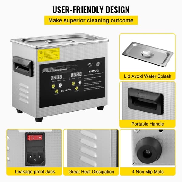3L Digital Ultrasonisk Renser, Varmefunktion, Timer, Smykker, Glasrengøring