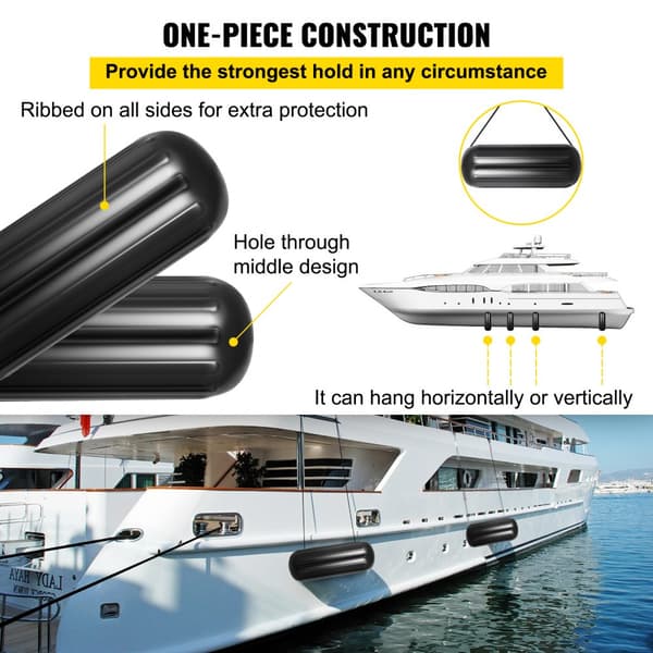 4 Ribbad Båt Fender 10"x28" Svart Centerhål Bumper Förtöjningsskydd