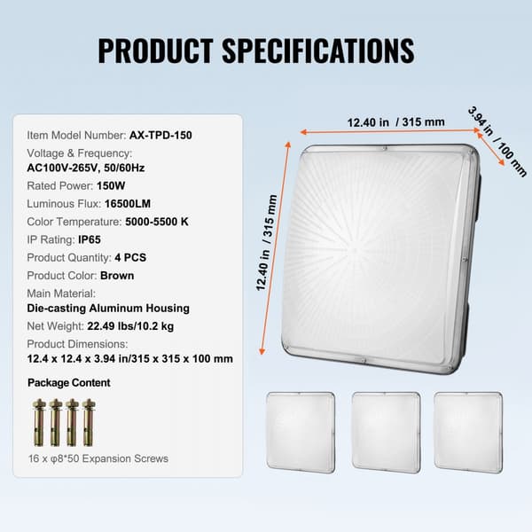 4 kpl LED-katosvaloa 150W 16500LM 5000K päivänvalo, tehokas ulkokatosvalaistus