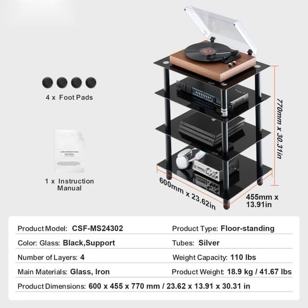 AV-mediestativ 4-niveau, forstærket hærdet glas, audio/video hylde, robust design, ideel til hjemmebiograf