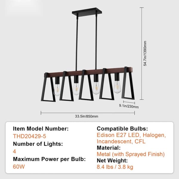 Køkkenø Pendellamper 4-Lys, Justerbar Spisebordslampe 60W, E27, Moderne Design