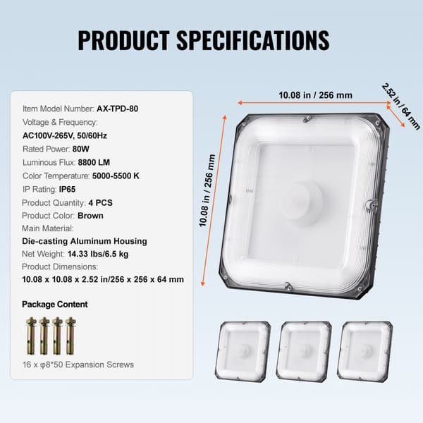 LED Canopy Lights 4-pack, 80W 8800LM, 5000K Dagsljus, Utomhus Belysning