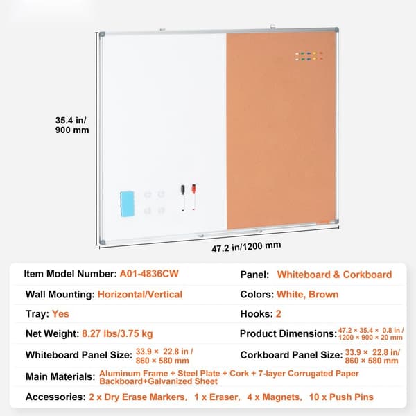 Whiteboard & Korktavla Combo 48"x36" med Aluminiumram, Perfekt för Skolhem, Organisering och Planering