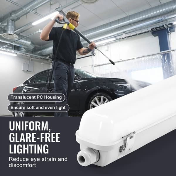 4 STK 4FT LED Damptæt Lysarmatur 60W 7400LM 5000K, Effektiv belysning til fugtige miljøer