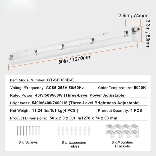 4 kpl 4FT LED Höyrytiivis Valo 60W/50W/40W Valittavissa, 5400/6400/7400LM Teho, Energiatehokas Valaisimeksi