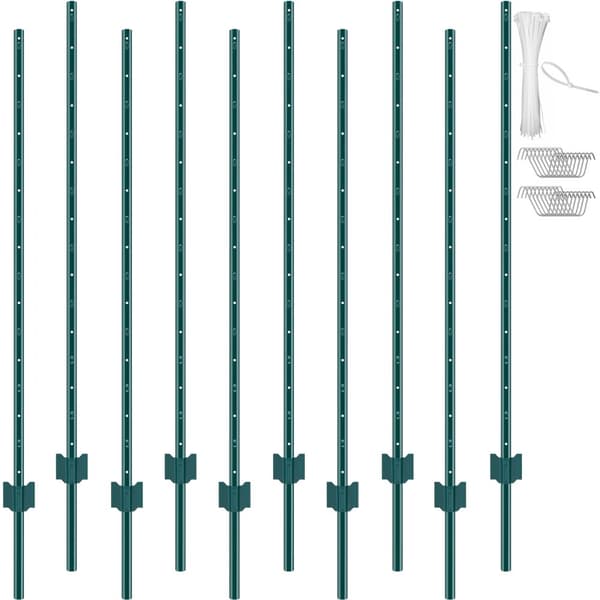5-fods hegnspæle, 10-pak T-stolpe, Heavy Duty metal hegnspæle, grøn farve