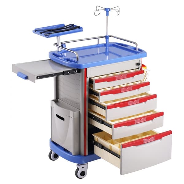 Mobil medicinsk vogn med 5 hylder, 5 skuffer og 2 skraldespande, blå, 5-tier lab carts