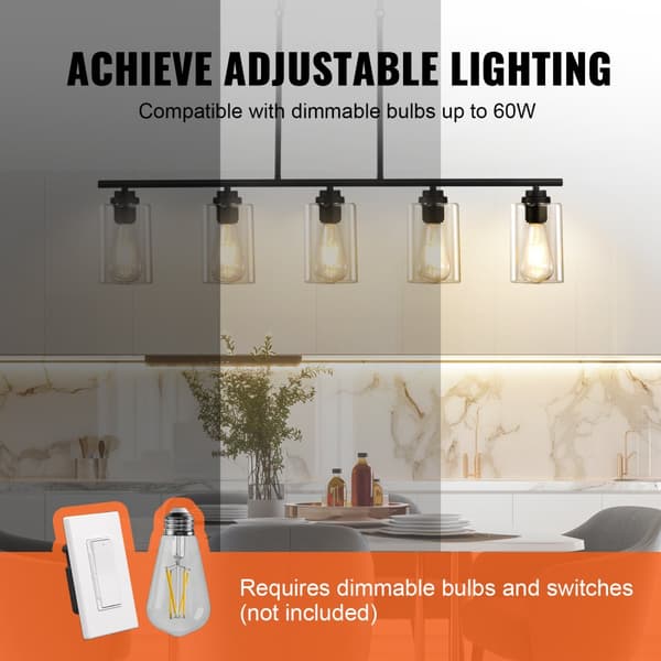 5-Lysets Køkkenø Pendellampe 60W Justerbar Spisestuelampe E27, Moderne Design, Energibesparende