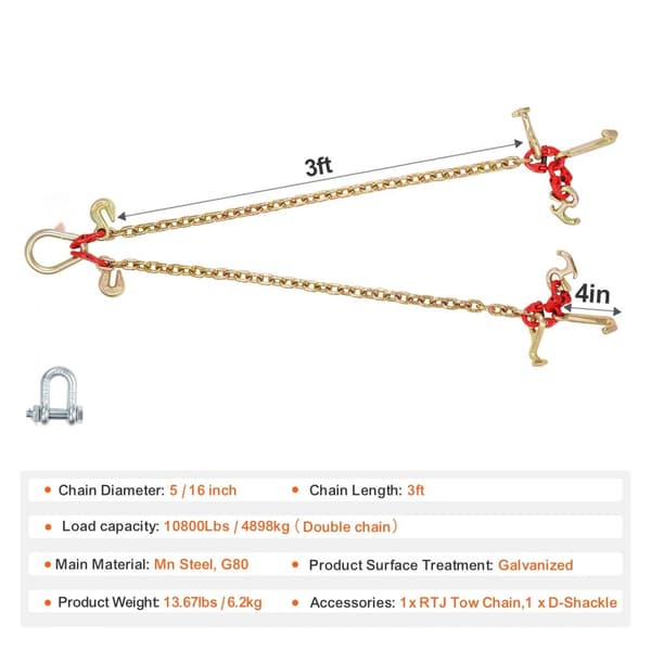 5/16" x 3' G80 trækkæde, V-kædetøj, RTJ & gribekroge, Wrecker 10800 lbs, tungt løft, holdbarhed