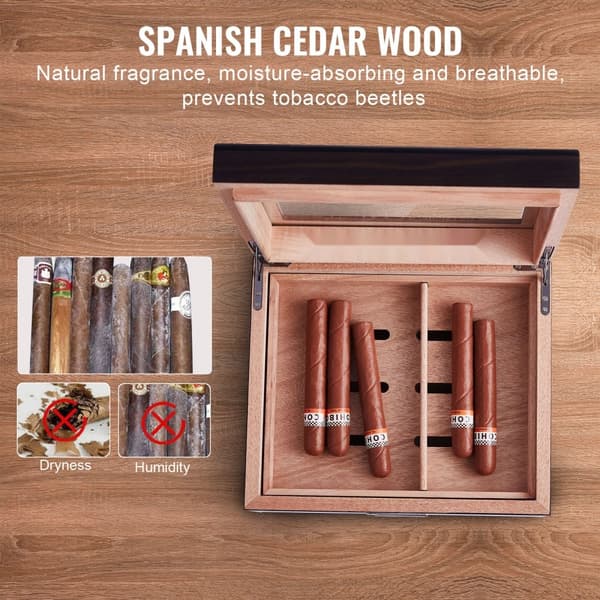 50 sikarin humidor, lasikansi, setri, ilmankostutin ja kosteusmittari, säilytyslaatikko
