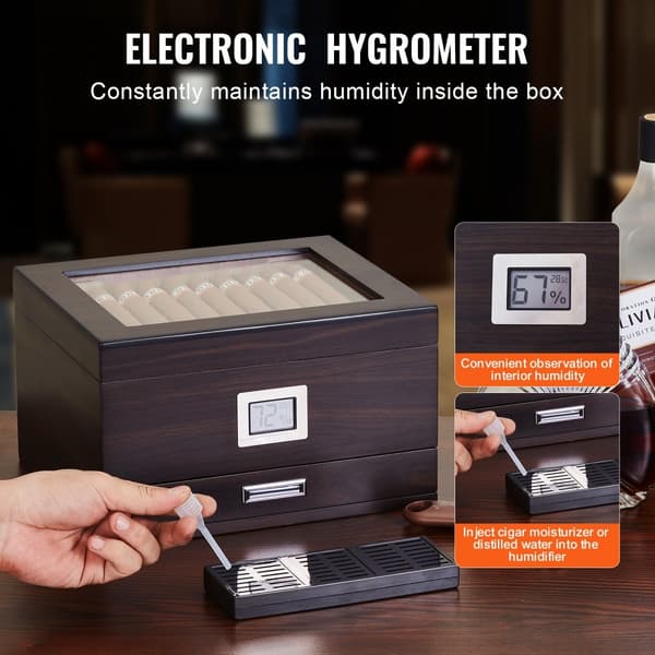 50 sikarin humidor, lasikansi, setri, ilmankostutin ja kosteusmittari, säilytyslaatikko