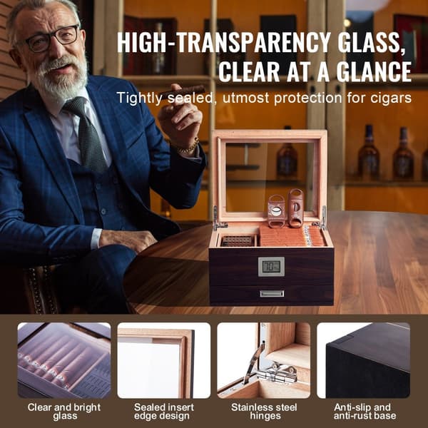 50 sikarin humidor, lasikansi, setri, ilmankostutin ja kosteusmittari, säilytyslaatikko