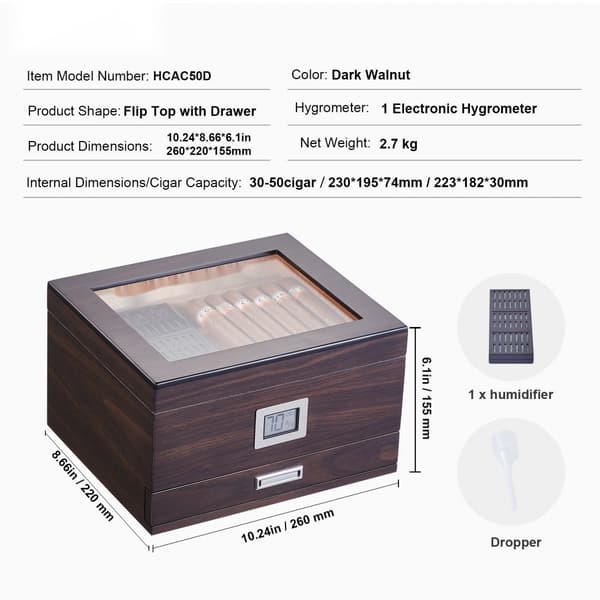 50 sikarin humidor, lasikansi, setri, ilmankostutin ja kosteusmittari, säilytyslaatikko