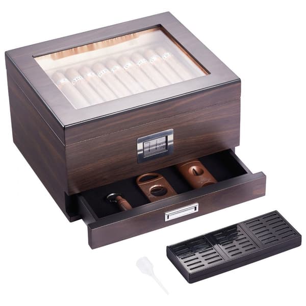50 sikarin humidor, lasikansi, setri, ilmankostutin ja kosteusmittari, säilytyslaatikko