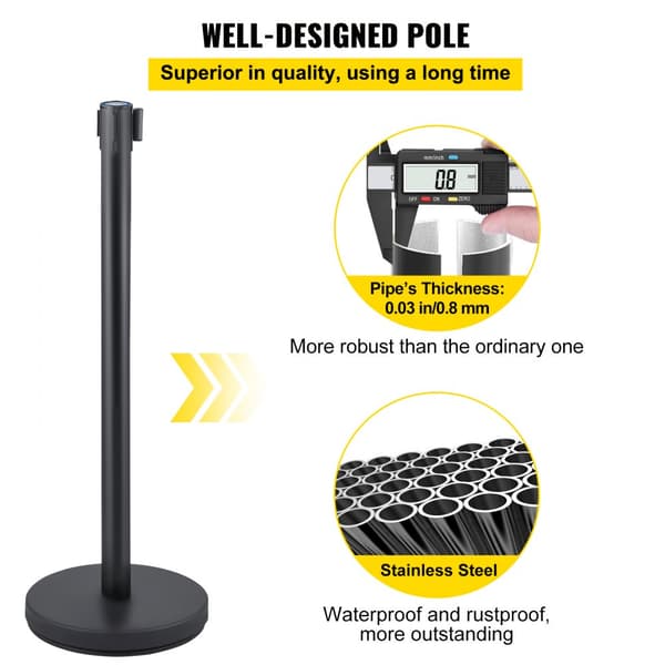 Svartbälte Stanchion 6-pack, Infällbar publikbarriär, Stativ med rep, Städad och stabil avskiljning