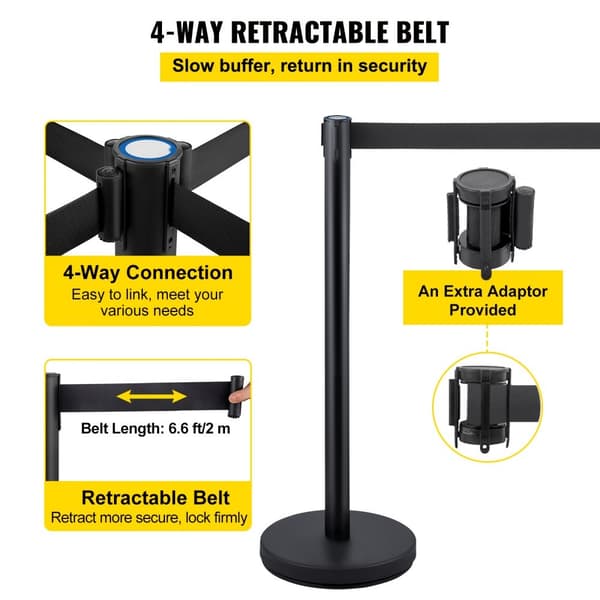 Svartbälte Stanchion 6-pack, Infällbar publikbarriär, Stativ med rep, Städad och stabil avskiljning