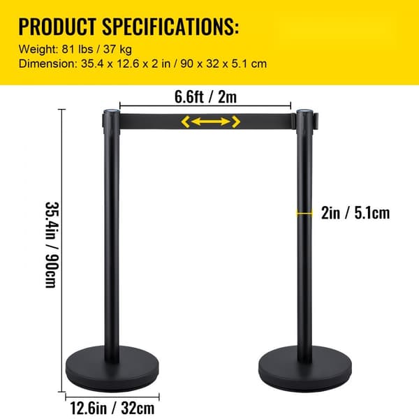 Svartbälte Stanchion 6-pack, Infällbar publikbarriär, Stativ med rep, Städad och stabil avskiljning