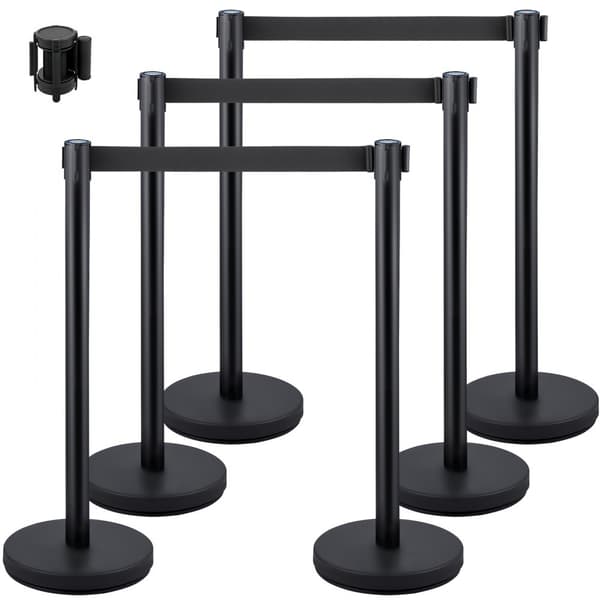 Svartbälte Stanchion 6-pack, Infällbar publikbarriär, Stativ med rep, Städad och stabil avskiljning
